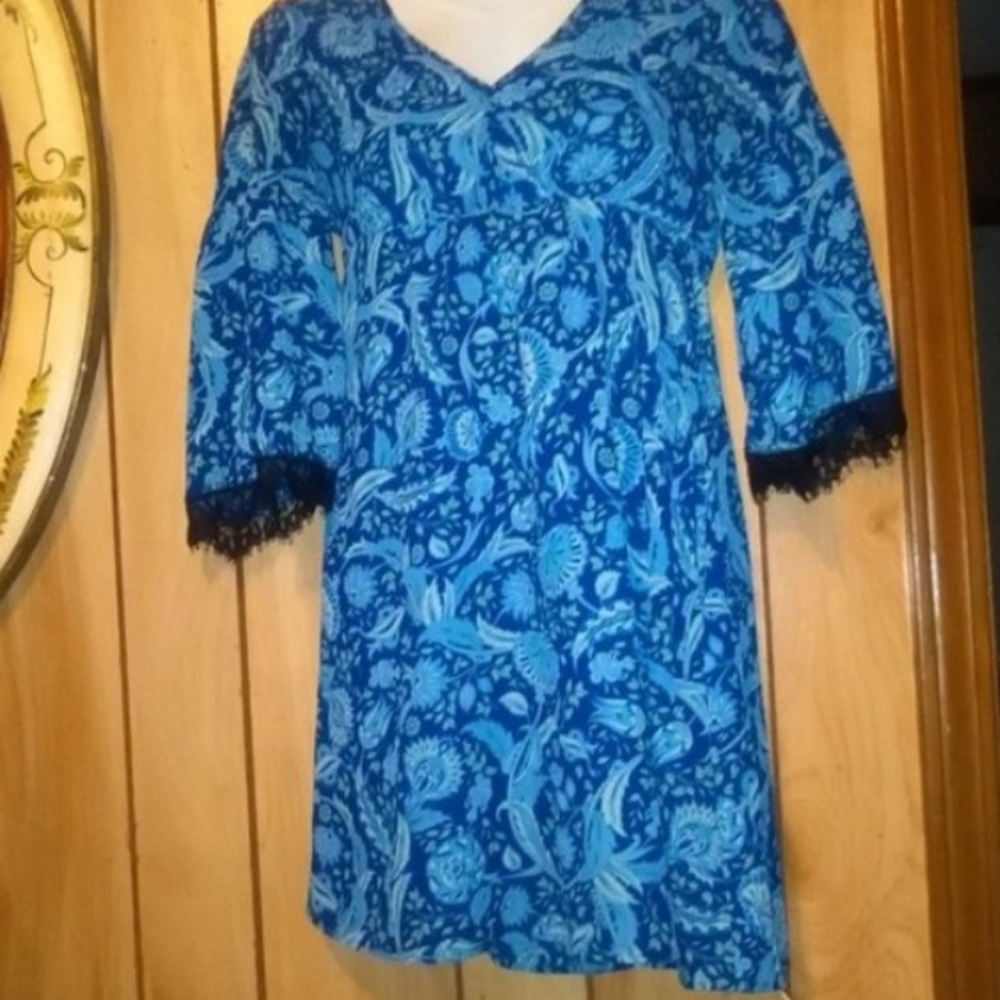 Candies Dress Boho Lace Fringe Sleeves Blue Paisley#pockets